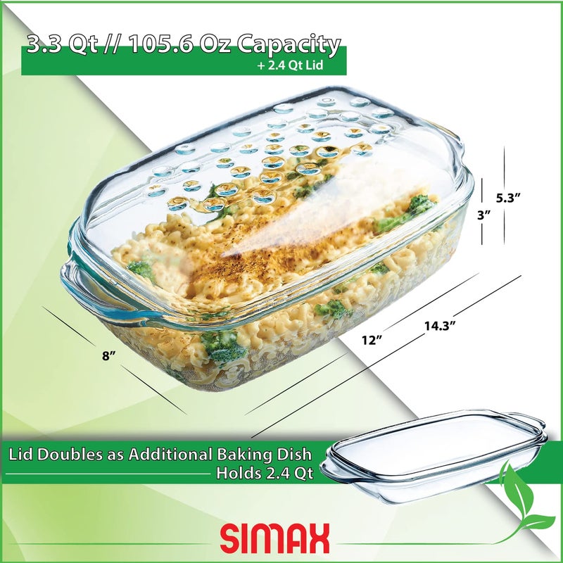 Simax Clear Glass Rectangle Roaster Pan With Lid, Raised Ridges for Fat Free Cooking, Durable Borosilicate Glass, Microwave and Dishwasher Safe, Made in Europe, 3 Qt Oblong Baking Dish - Image 2